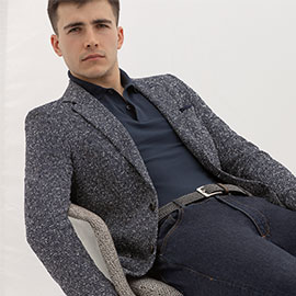 polo t-shirt and suit jacket