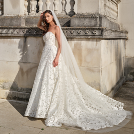 A bride in a stunning wedding dress poses in front of an elegant building, capturing a moment of celebration.
